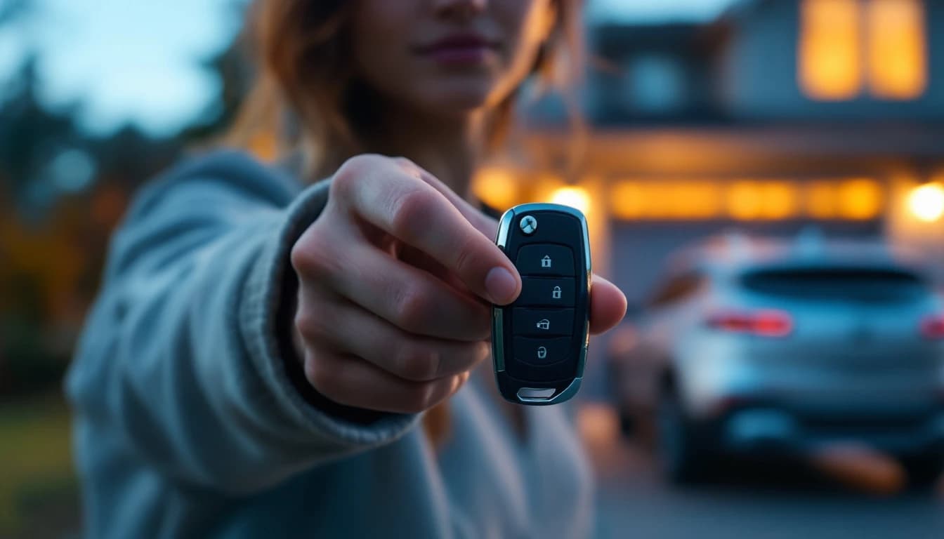 Persona mostrando a la cámara una llave inteligente nueva con botones de seguros, frente a un SUV estacionado en la entrada de una casa de Irving, Texas, al anochecer