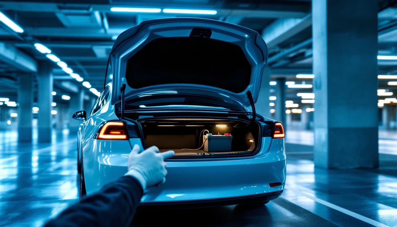 Técnico revisando con una linterna la manija del conductor de un SUV eléctrico apagado en un estacionamiento de Irving, Texas