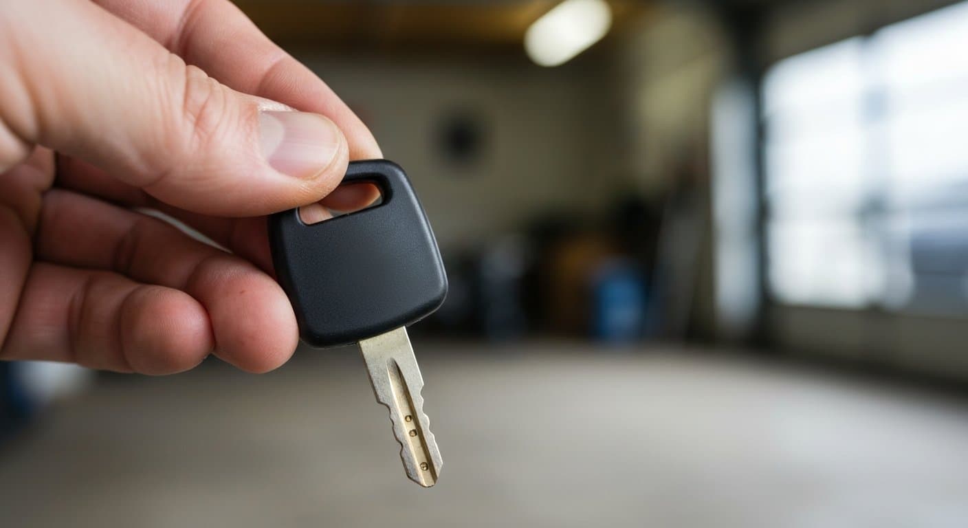 Unidad móvil de cerrajería automotriz atendiendo un vehículo en un estacionamiento de Irving, Texas, con la máquina de corte de llaves y el equipo de programación a la vista