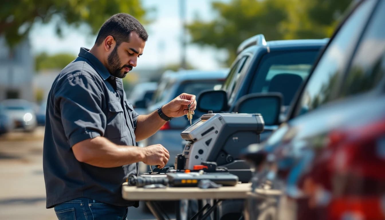 Cerrajero cortando llaves para el inventario de un lote de autos usados en Grand Prairie, Texas