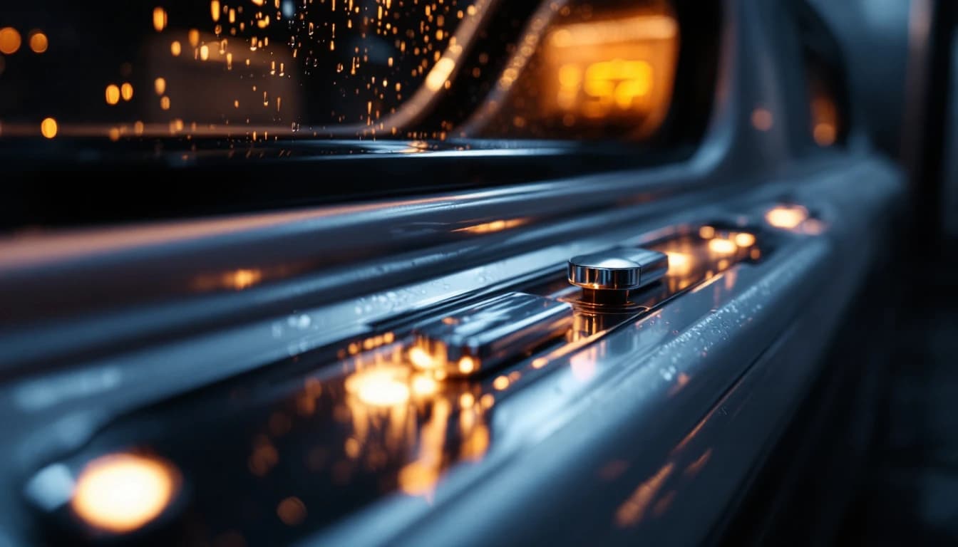 Detalle del panel interior de una puerta de automóvil con el seguro eléctrico accionándose, en una cochera de Irving, Texas al atardecer