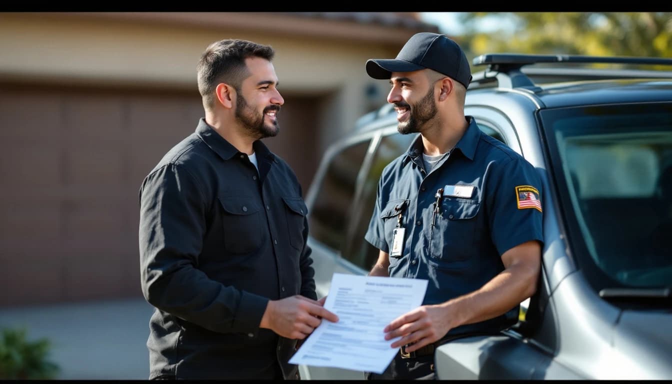 Conductor en Irving TX comparando la cotización telefónica con la unidad móvil identificada de un cerrajero automotriz legítimo