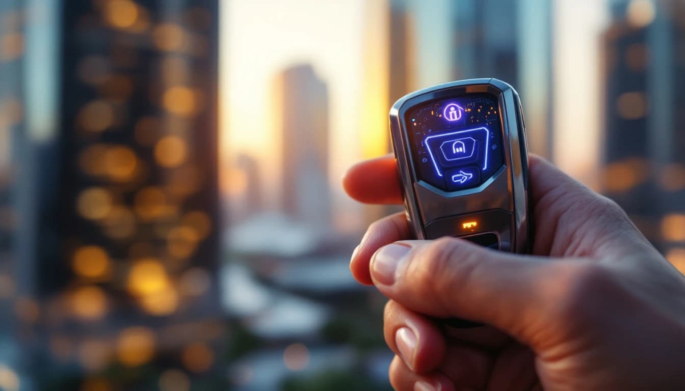 Cerrajero móvil mostrando una llave de proximidad push-to-start junto a un vehículo en Las Colinas, Texas