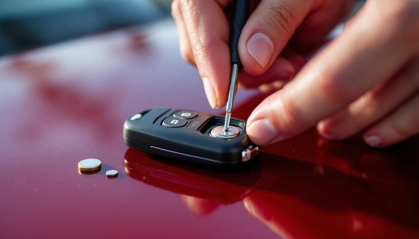 Cerrajero móvil diagnosticando un control remoto de llave que no responde junto a un vehículo en Grapevine, Texas