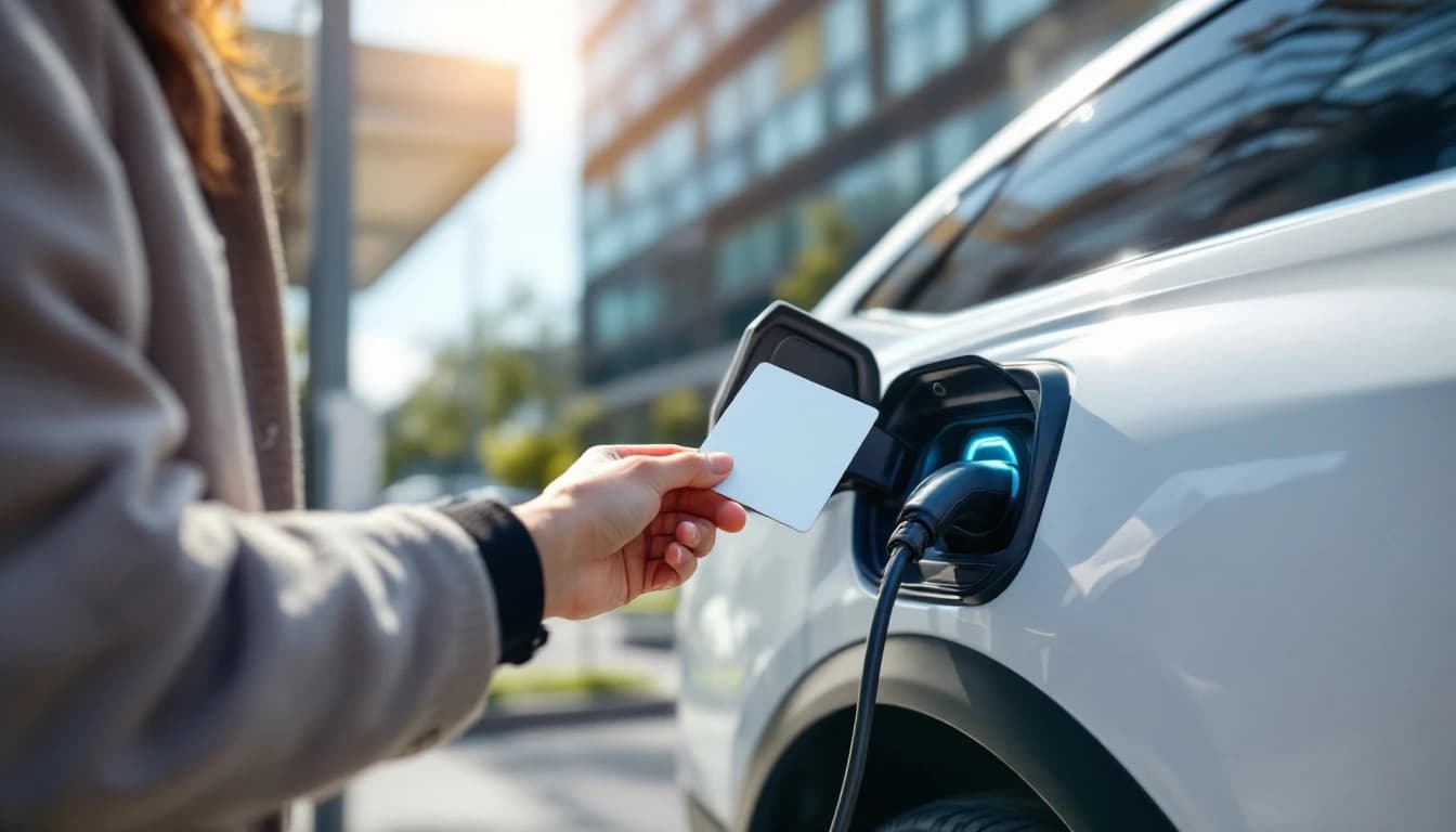 Llave inteligente de proximidad y tarjeta llave sobre el tablero de un vehículo eléctrico conectado a un cargador en Irving, Texas