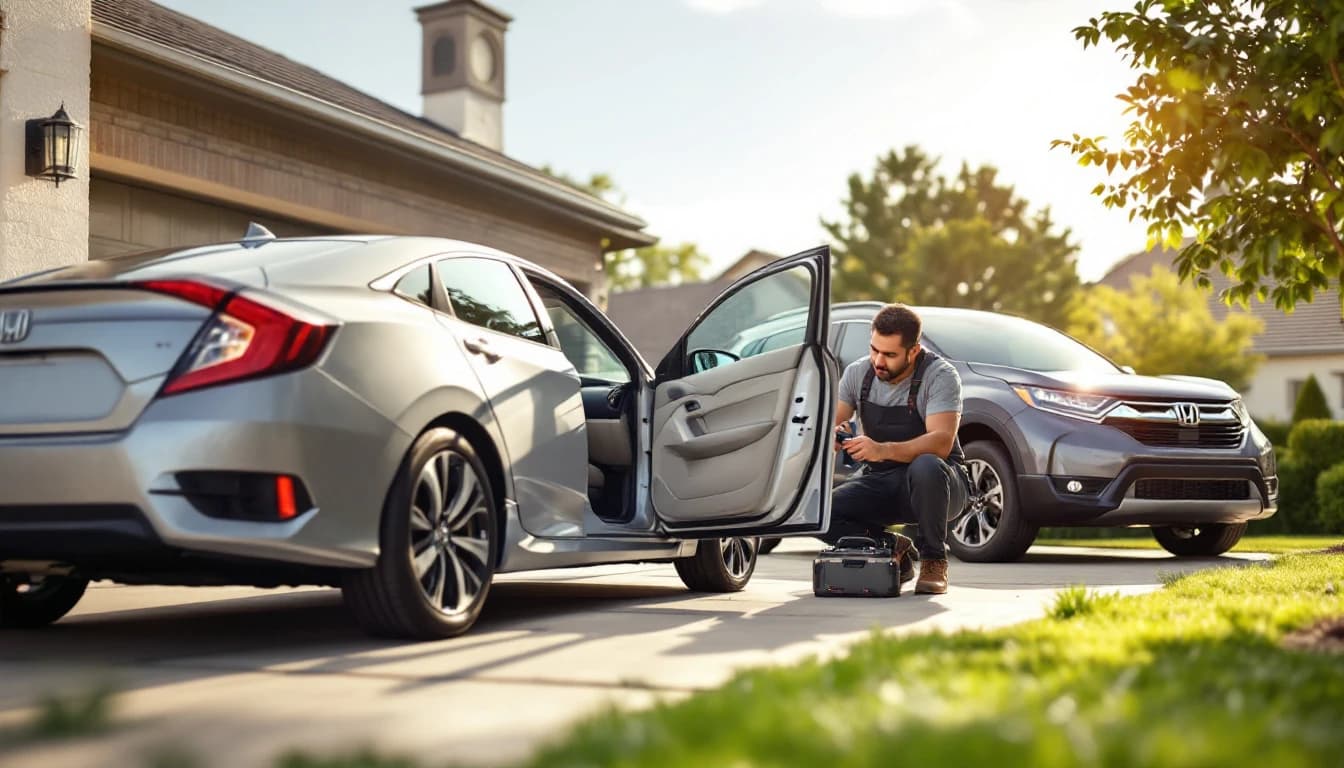 Cerrajero móvil programando una llave inteligente de Honda CR-V en un estacionamiento de Irving TX