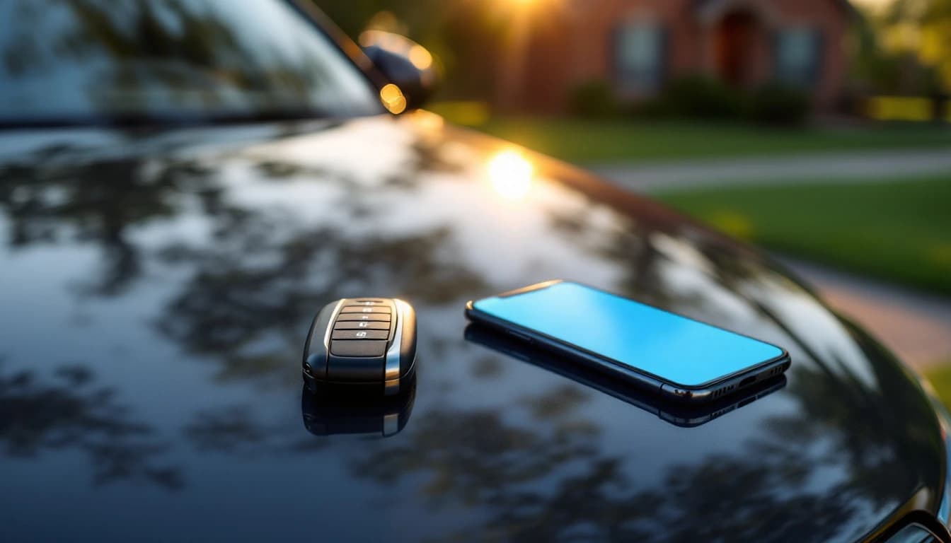 Llave inteligente Hyundai junto a un teléfono con la aplicación de llave digital abierta, sobre el tablero de un Kia estacionado en Irving, Texas