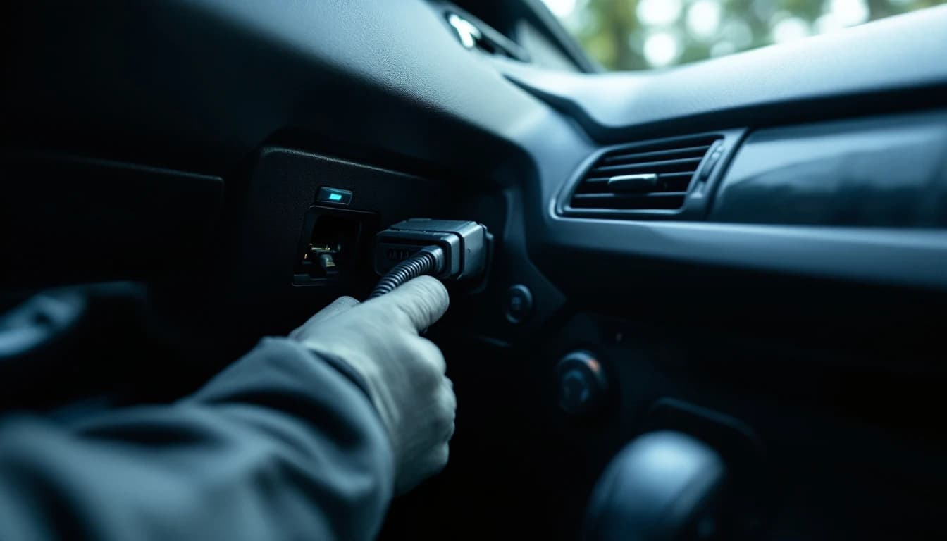 Técnico conectando una herramienta de diagnóstico al puerto de un Hyundai para programar el módulo de llave inteligente en Irving, Texas