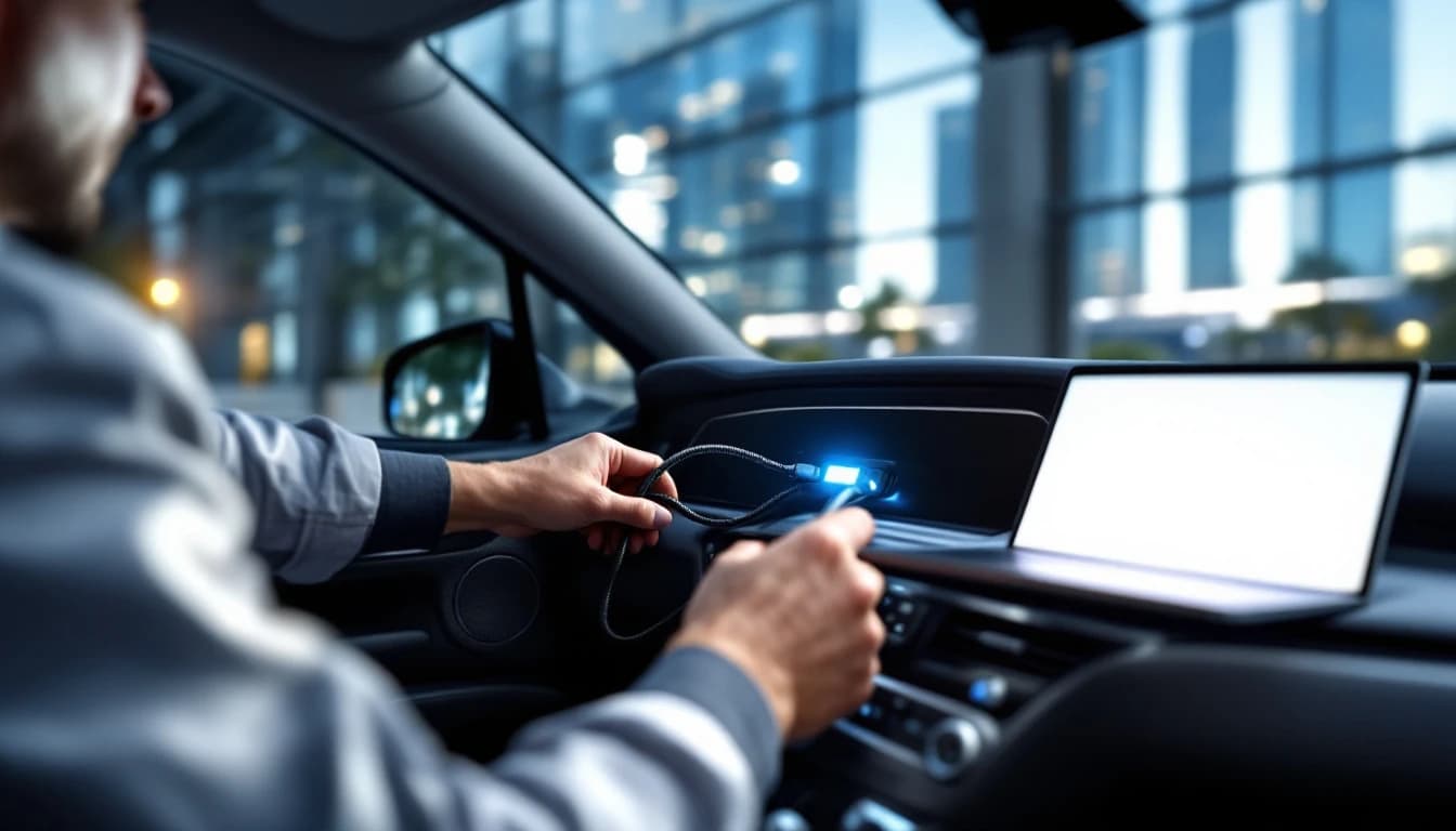 Técnico con laptop de diagnóstico conectada al puerto OBD de un Lexus RX blanco en un estacionamiento techado de Las Colinas, Texas
