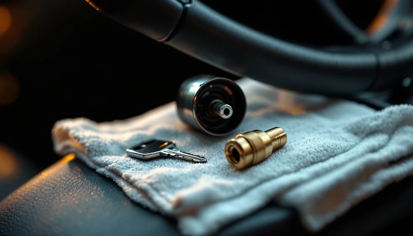 Columna de dirección de un Honda con el cilindro de encendido desmontado durante una reparación en Irving, Texas
