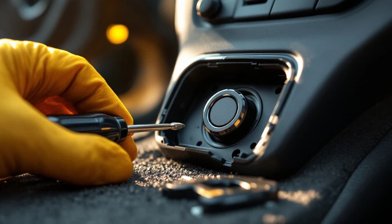 Mano con guante sosteniendo un destornillador junto al alojamiento del encendido de un automóvil con la cubierta plástica retirada, durante una reparación móvil
