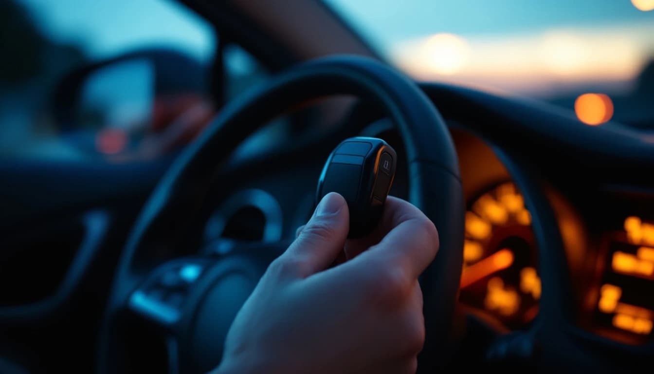 Mano sosteniendo una llave de control negra frente al volante de un sedán al anochecer, con el tablero encendido en ámbar y desenfocado al fondo