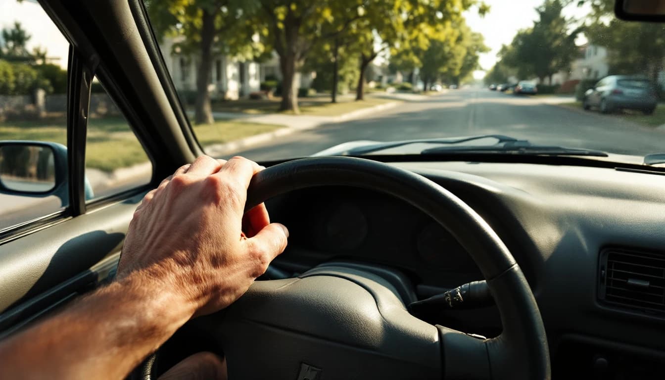 Vista desde el asiento del conductor de un sedán con la mano apoyada en el volante y la llave puesta en la columna de encendido, en una calle residencial de Irving, Texas