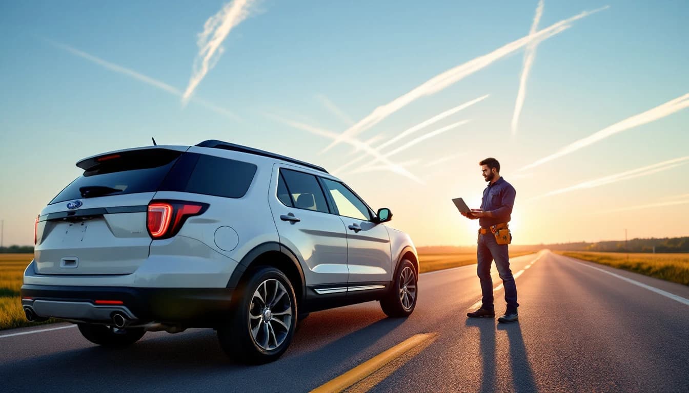 Cerrajero móvil programando una llave inteligente de Ford Explorer cerca del corredor del aeropuerto en Euless TX