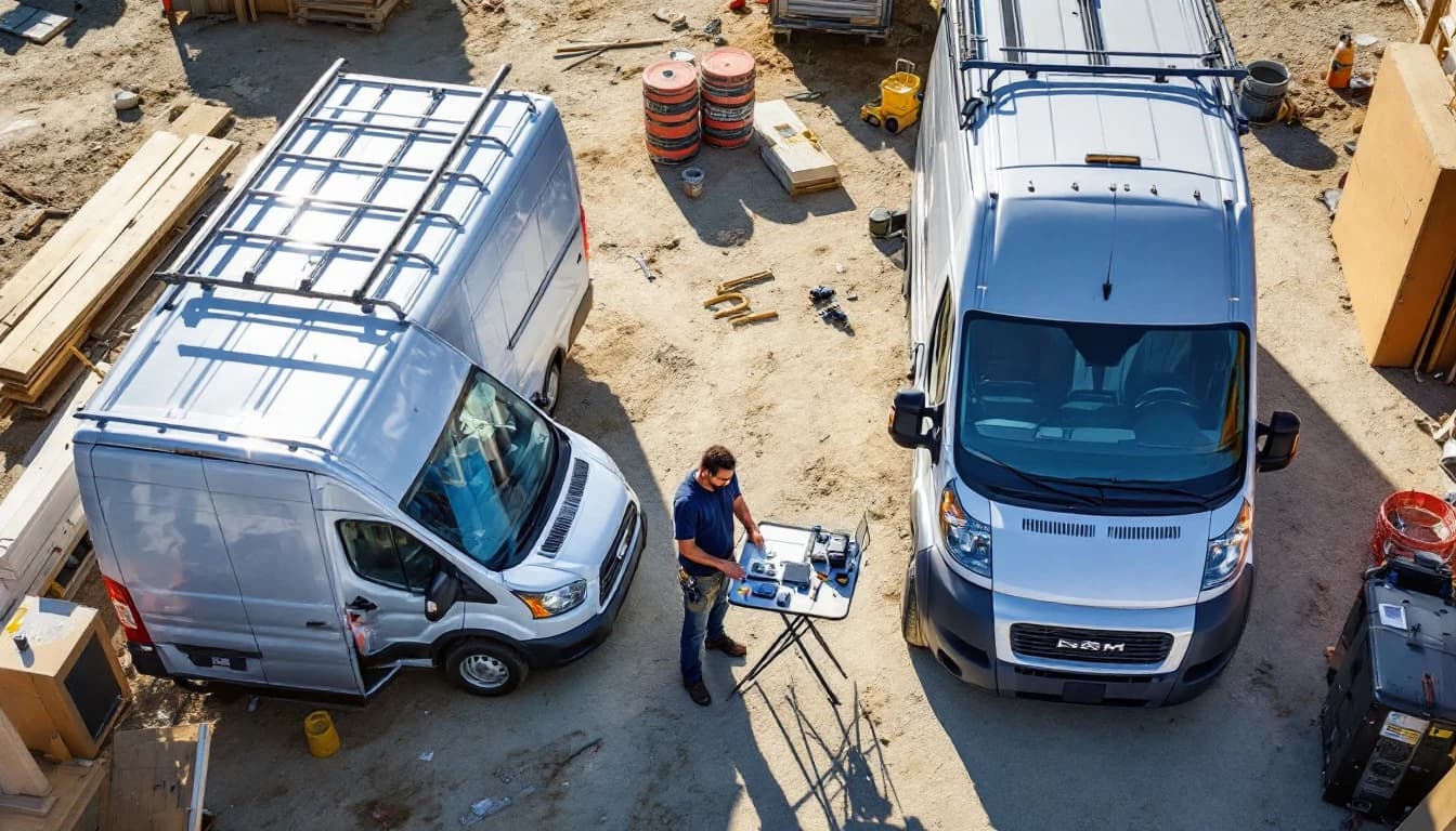 Cerrajero móvil programando la llave de una van de carga Ford Transit en un almacén de Irving, Texas