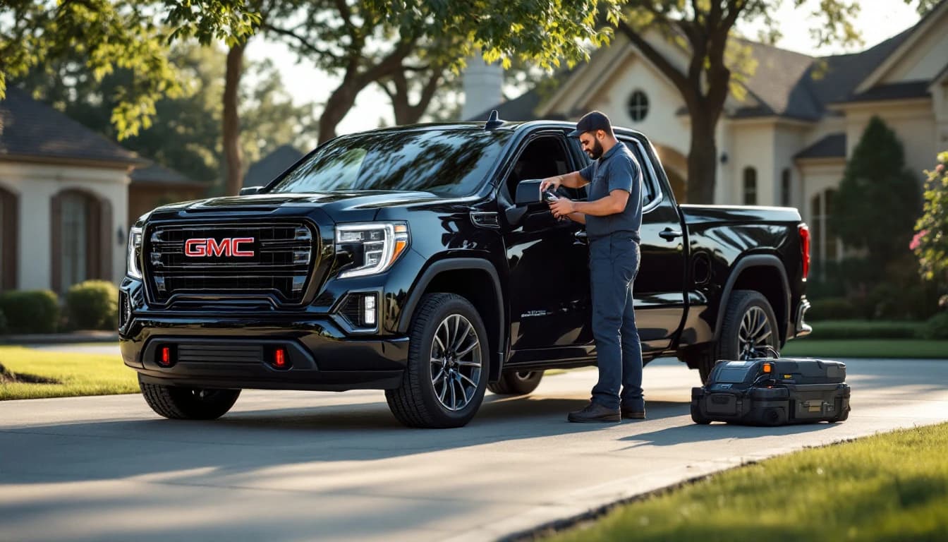 Cerrajero móvil programando una llave de proximidad para una GMC Sierra en Coppell, Texas