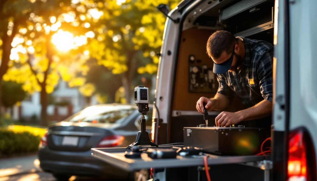 Cerrajero automotriz cortando y programando una llave nueva para un sedán Hyundai estacionado en una calle residencial de Irving, Texas, con el equipo de diagnóstico conectado bajo el volante