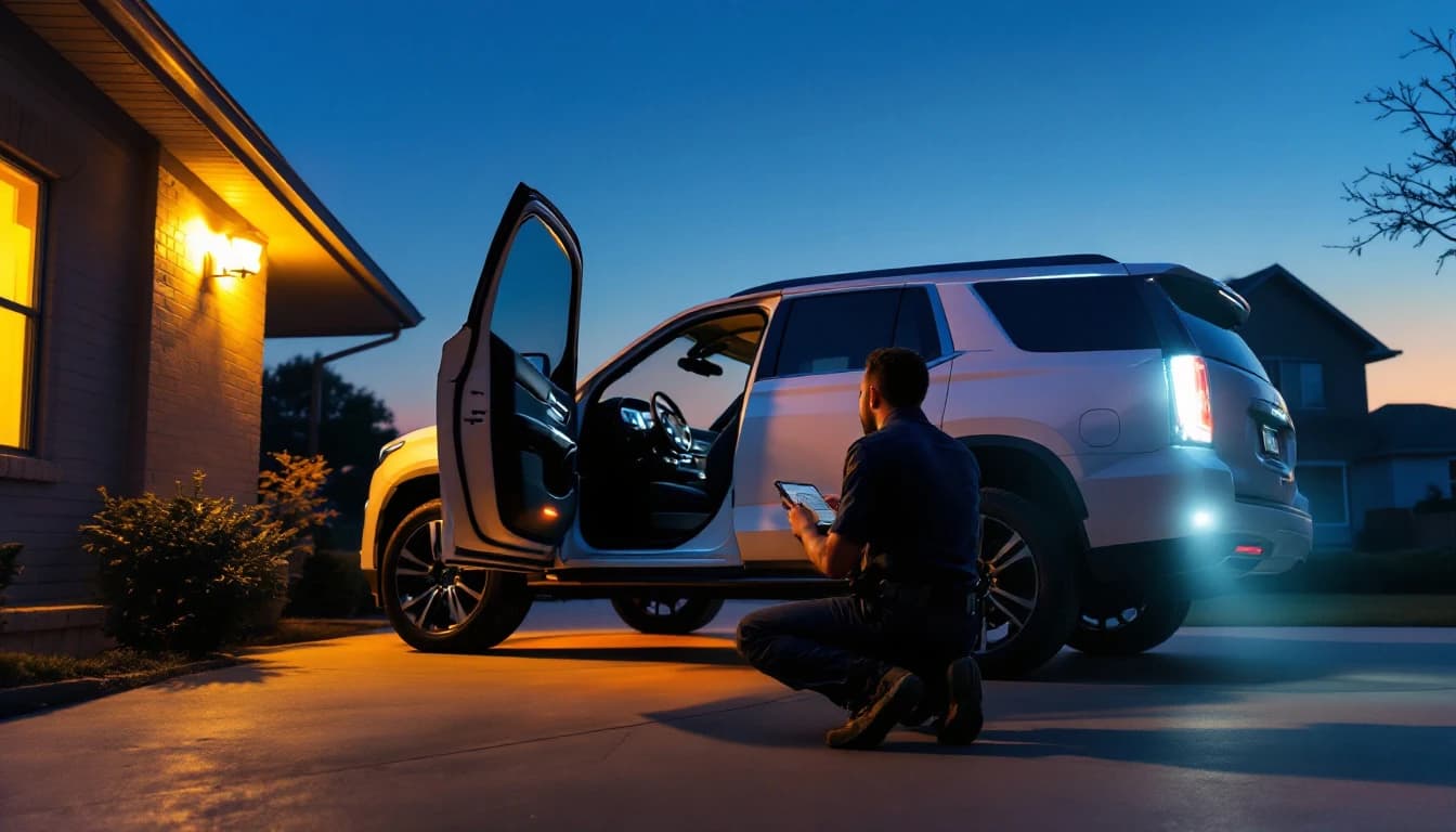 Cerrajero móvil programando una llave inteligente nueva de Hyundai Palisade en una calle de Irving, Texas