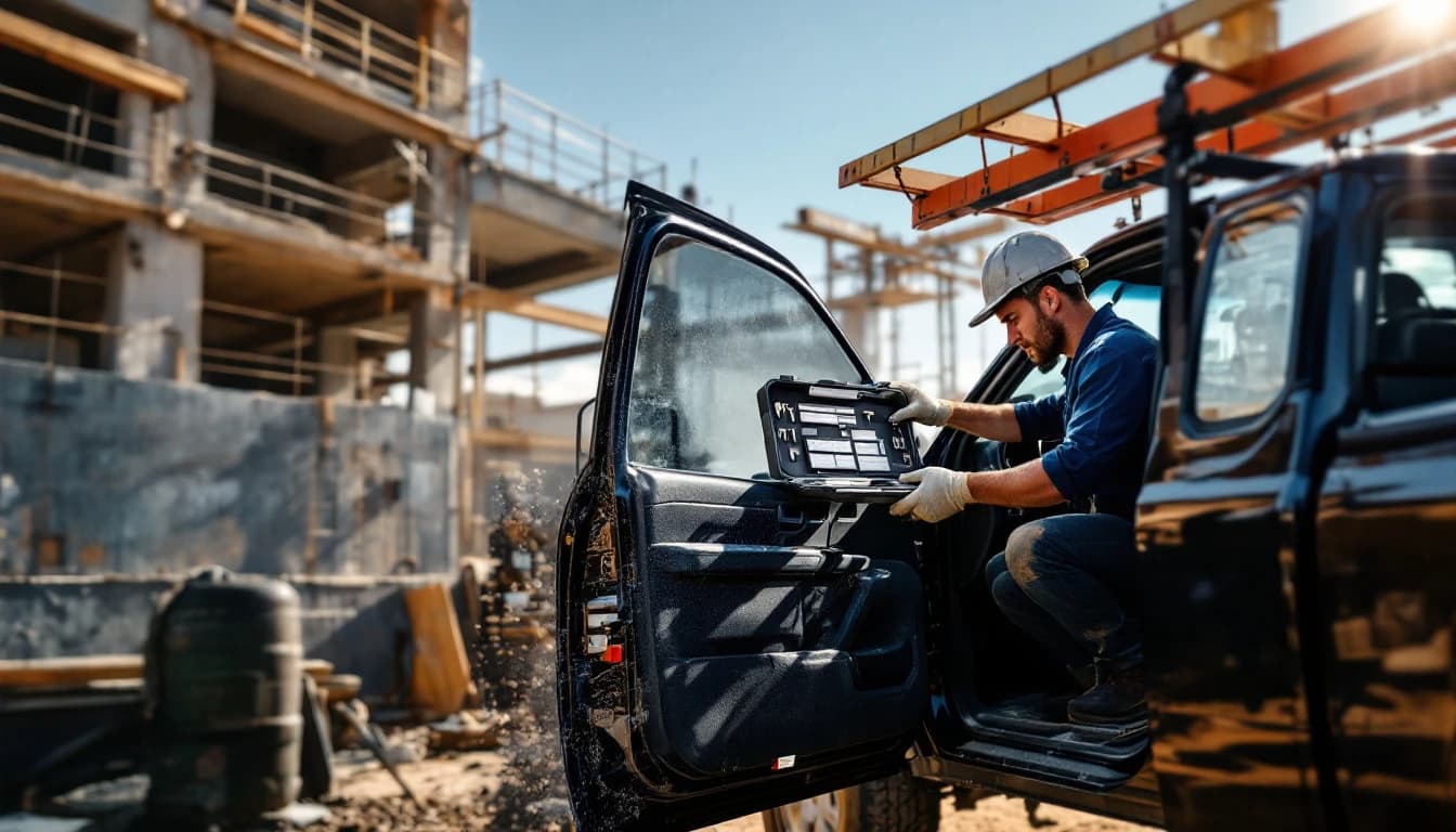 Cerrajero móvil programando una llave de proximidad en una Ram 1500 de trabajo en Grand Prairie, Texas