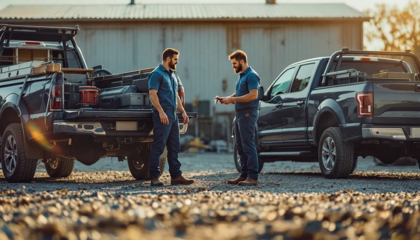 Camioneta pickup compacta de trabajo estacionada en una zona industrial de Irving, Texas, durante la programación de una llave de repuesto