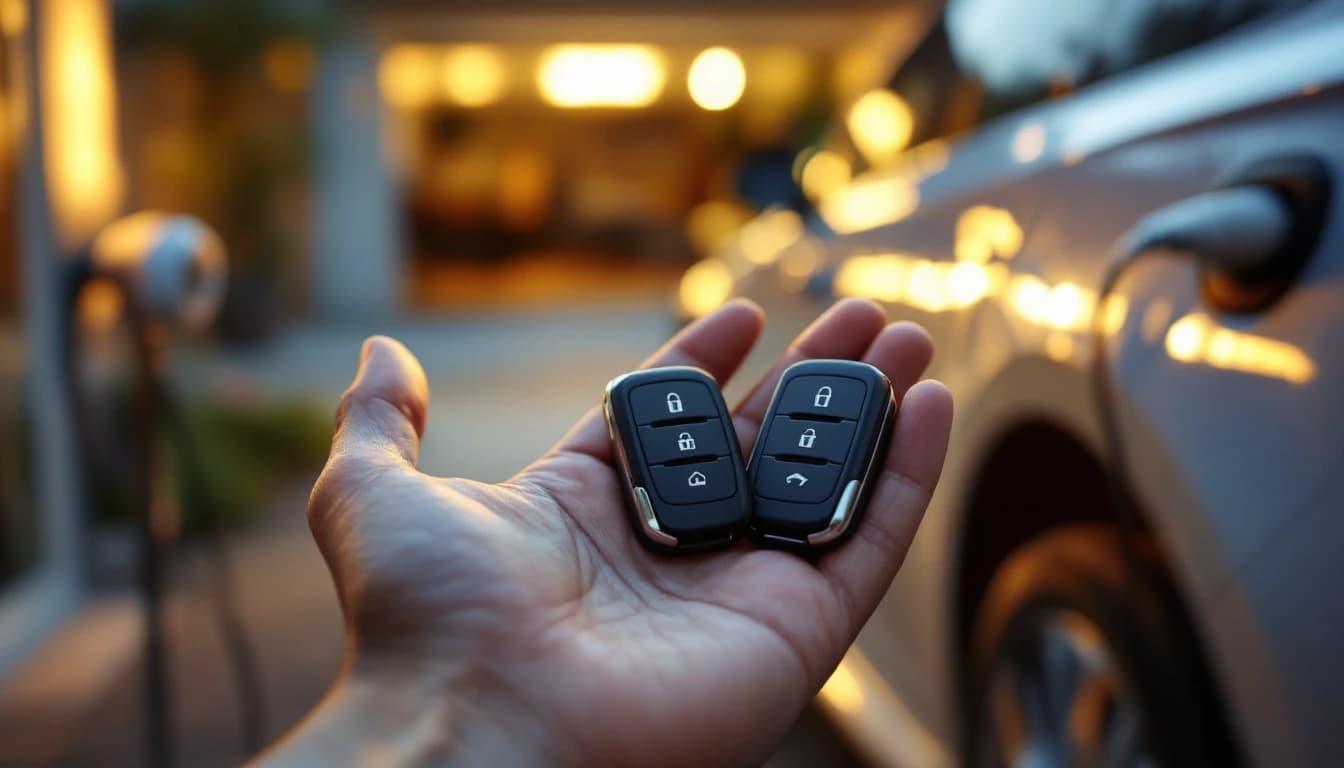 Llave inteligente de un Kia EV6 sobre la consola central junto a un cargador durante un servicio de duplicado en Irving, Texas