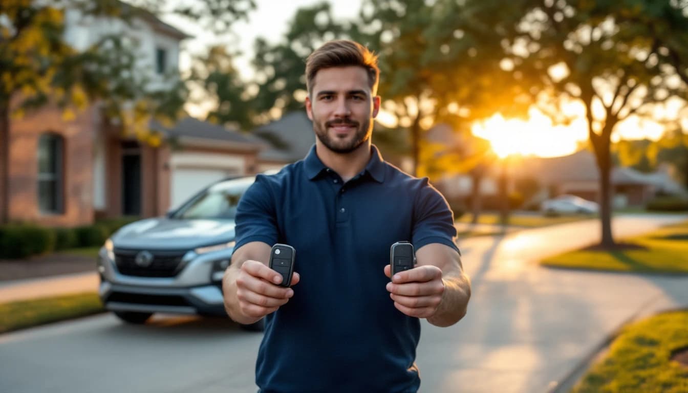 Cerrajero automotriz programando una llave de repuesto en una camioneta compacta estacionada en Irving, Texas, con el equipo de diagnóstico conectado al puerto bajo el volante