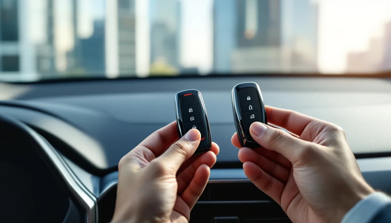 Llave inteligente de Kia EV9 y llave de Kia Carnival sobre el tablero durante un servicio de duplicado en Las Colinas, Texas