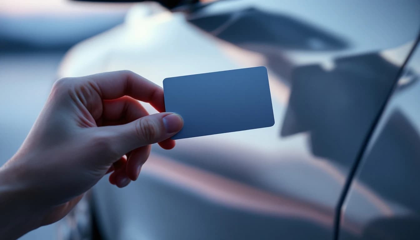 Tarjeta llave de Tesla y control remoto sobre la consola de un Model Y durante una asesoría de credenciales en Irving, Texas