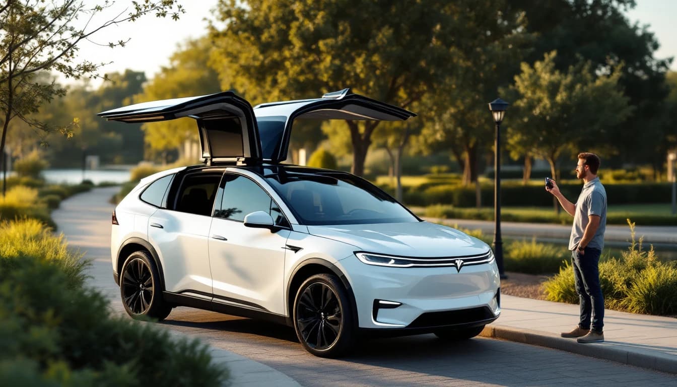 Llavero fob de Tesla Model X con forma de auto sobre el tablero del vehículo en Valley Ranch, Texas