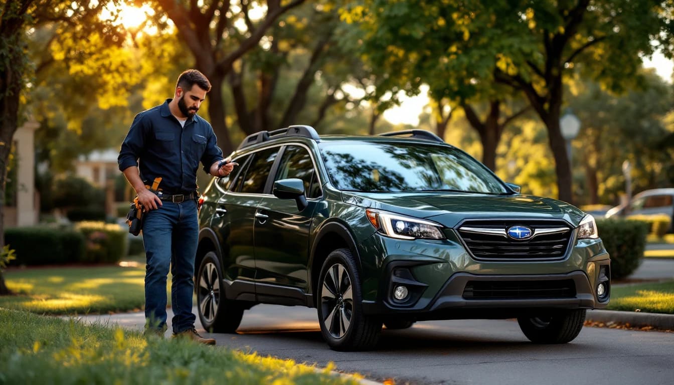Cerrajero móvil programando una llave de proximidad de Subaru Outback en Valley Ranch, Texas