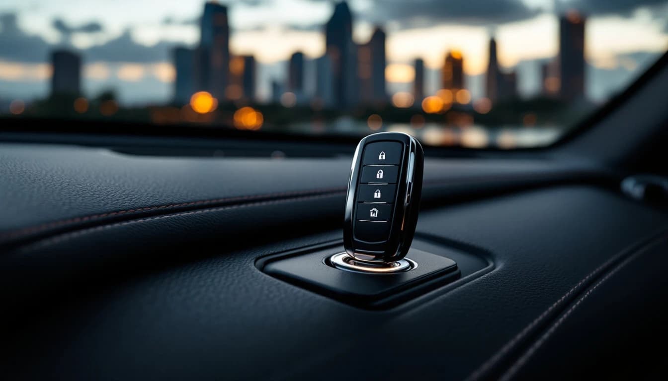 Llave de Mercedes-Benz insertada en el interruptor de encendido electrónico de un sedán Clase E con el tablero apagado, en un estacionamiento de Las Colinas al atardecer