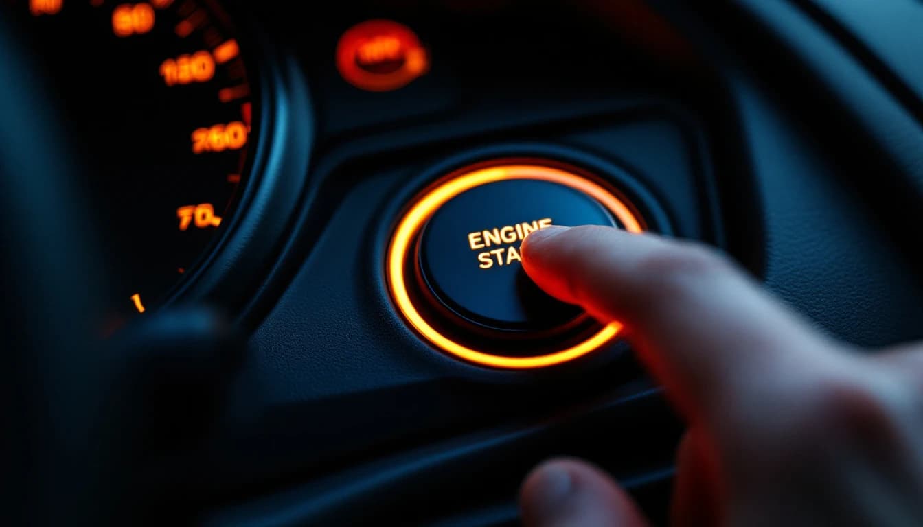Primer plano nocturno de un dedo oprimiendo el botón de arranque iluminado en el tablero de un automóvil, con las agujas del tablero desenfocadas al fondo