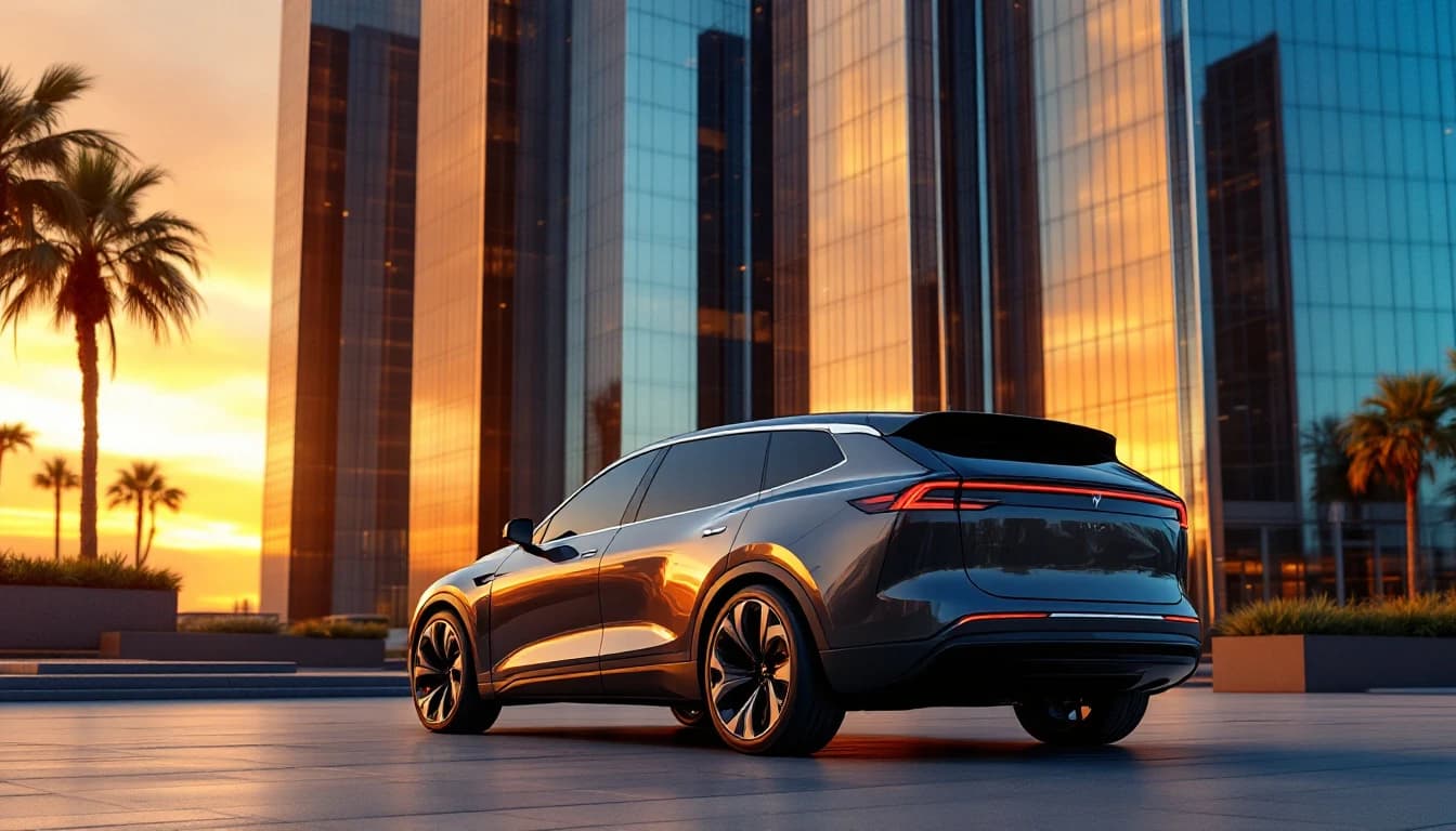 SUV eléctrico Cadillac de color oscuro estacionado frente a las torres de oficinas de Las Colinas al atardecer, con una llave inteligente en primer plano