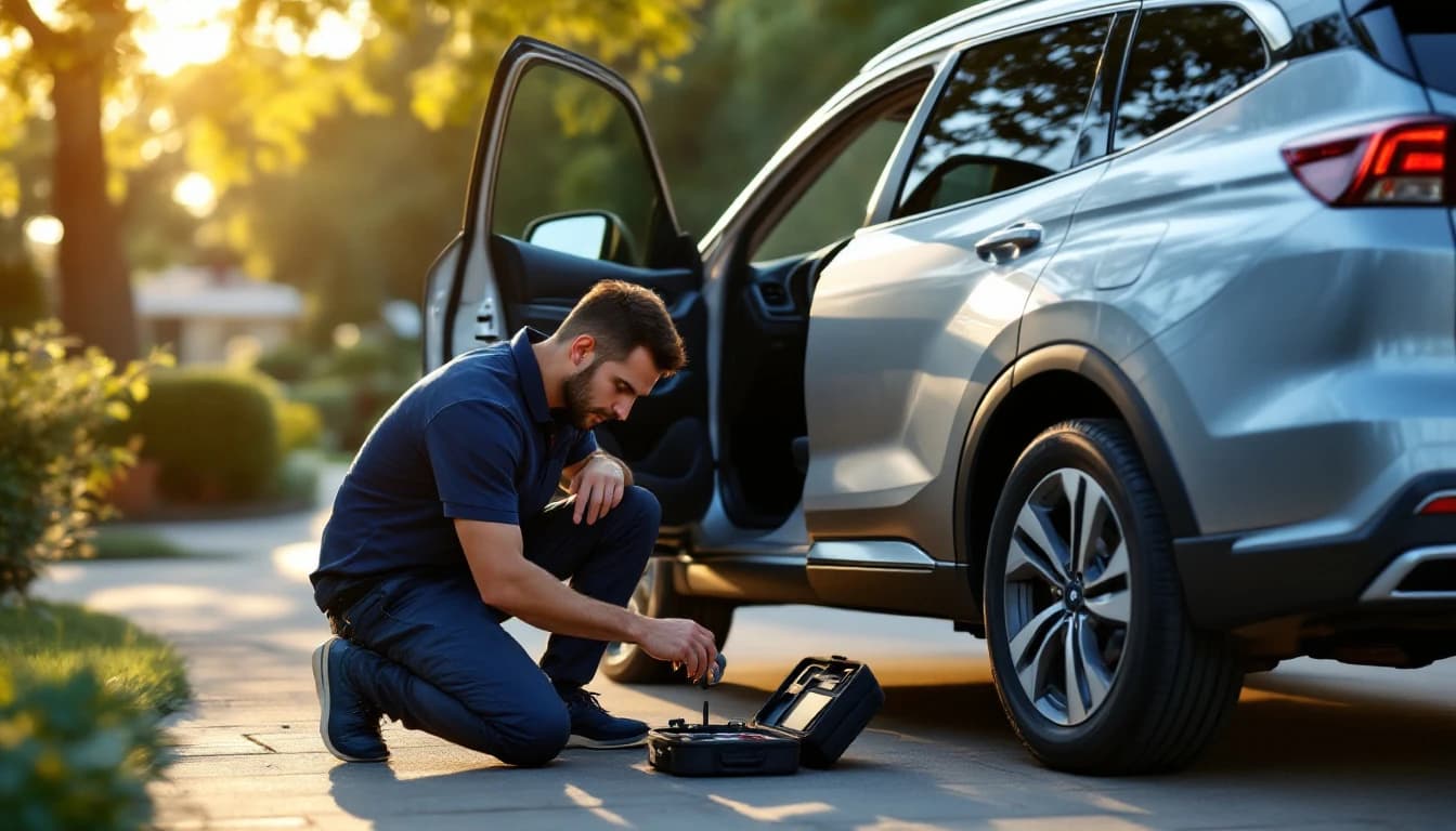 Llave inteligente de Hyundai Santa Fe junto a equipo de programación en un servicio de cerrajero automotriz móvil en Irving, Texas