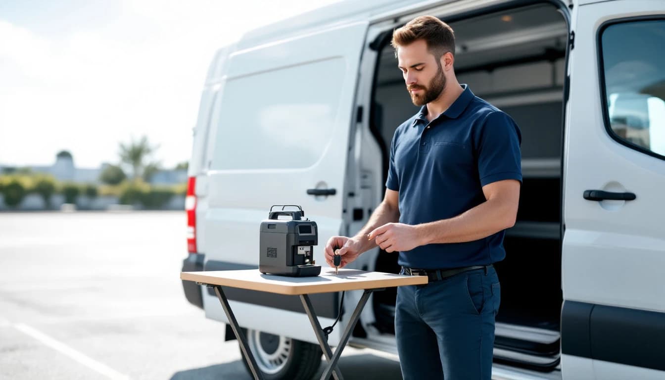 Cerrajero automotriz programando una llave inteligente de una camioneta compacta desde el puerto de diagnóstico en un estacionamiento de Irving, Texas