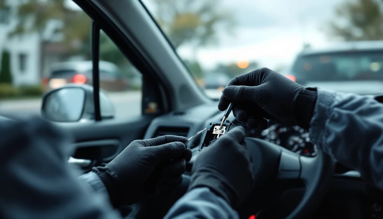 Llave de Chevrolet Cruze desgastada junto al cilindro de encendido en un taller móvil de Carrollton, Texas