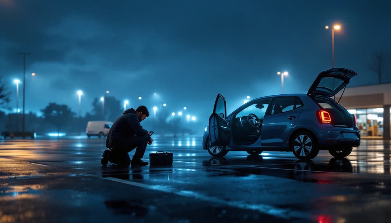 Cerrajero automotriz cortando y programando una llave nueva junto a un hatchback compacto estacionado de noche en Irving, Texas, con la unidad móvil al costado