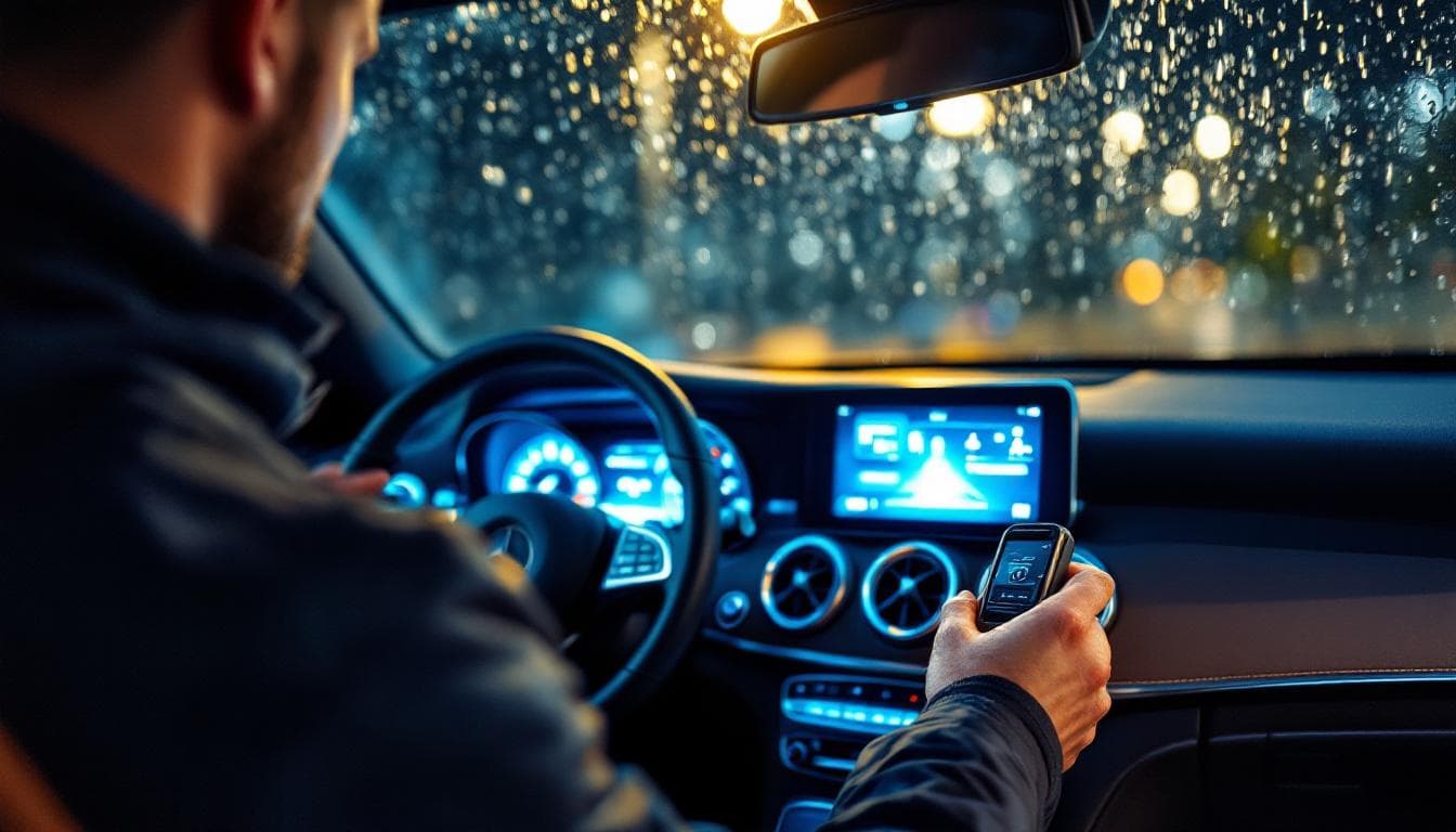 Cerrajero automotriz en Irving TX programando llave inteligente de un Mercedes-Benz con scanner profesional